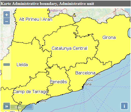 Map 1 - Administrative Units, Catalonia. Filter and scale range applied to Administrative Hierarchical Level 3rd order
